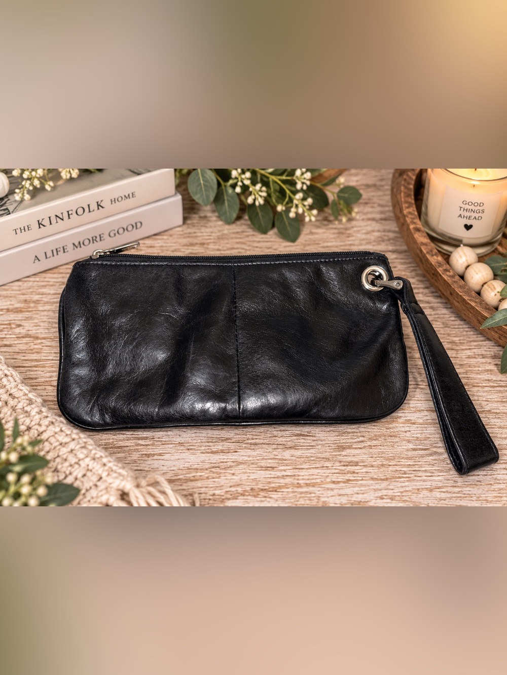HOBO The Original Black Leather Wristlet Clutch Organizer